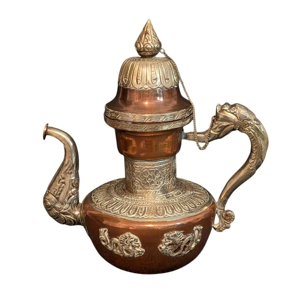 Antique 1900s Tibetan Dragon Tea Pot Ewer Copper With Silver Repose Decoration